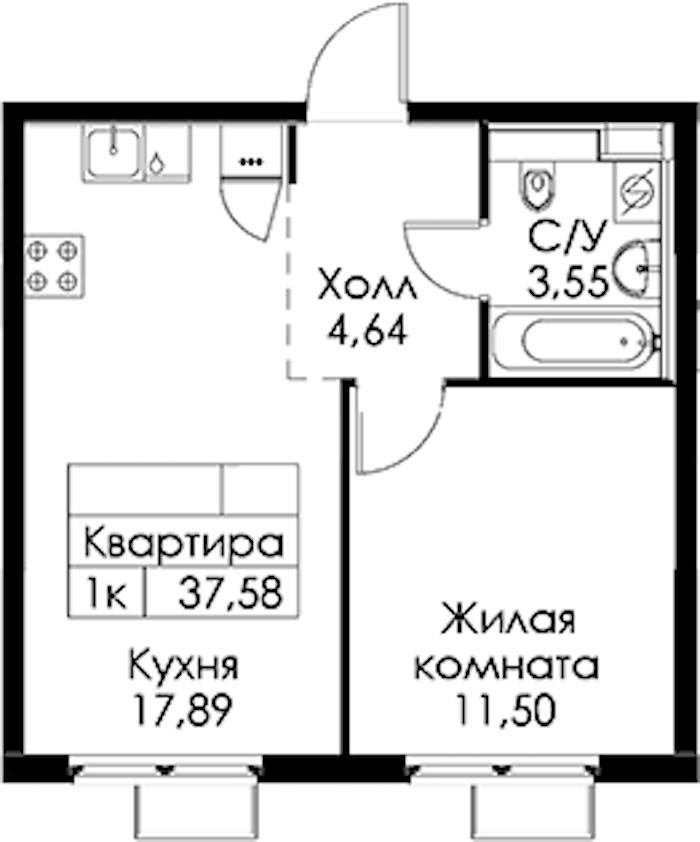1-комнатная квартира 37.58 м², 6/15 эт., ЖК «Заречный парк»